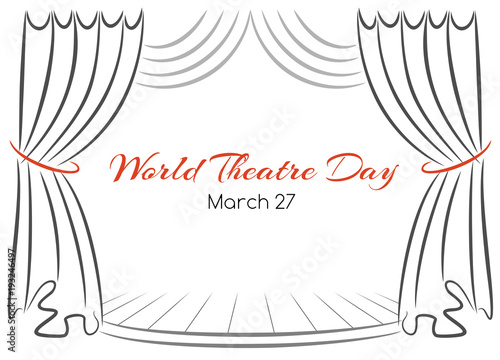 World theatre day vector greeting card with curtains and scene