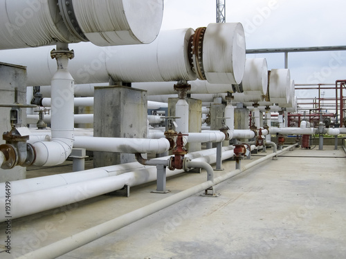 Heat exchangers in a refinery. The equipment for oil refining