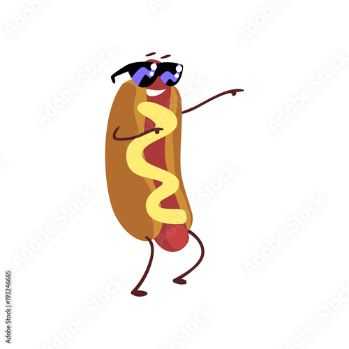 Funny hotdog wearing sunglasses having fun, humanized fast food character with mustard vector Illustration