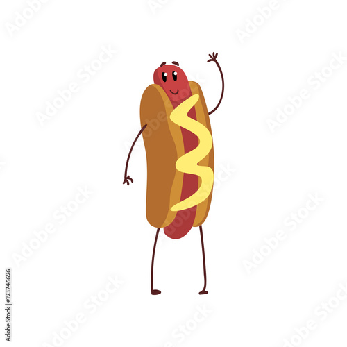 Funny hotdog waving its hand, humanized fast food character with mustard vector Illustration