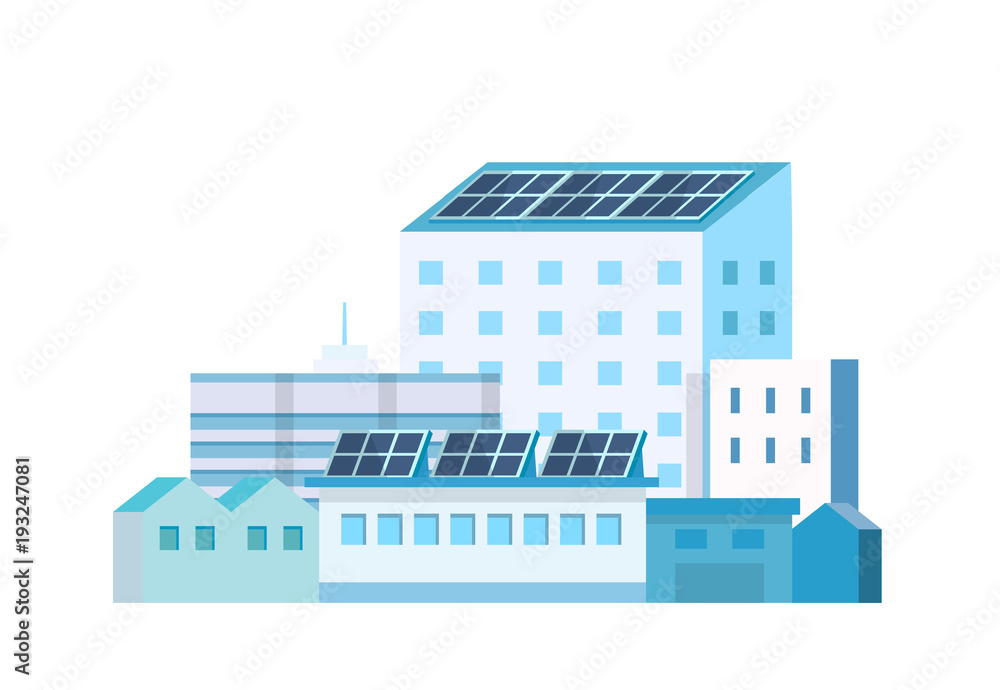 Ecological factory plant - green energy, solar panels power plant. Vector illustration in flat style, design template