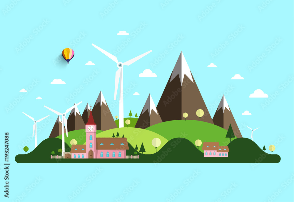Vector Rural Landscape with Windmills, Hills and Castle.