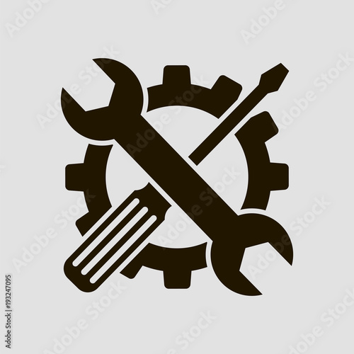 Gear, wrench and screwdriver. Flat vector icon