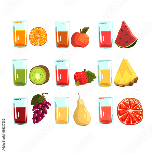 Fruit juices set, orange, apple, watermelon, kiwi. strawberries, pineapple, grapes , pear, grapefruit, drinks for a healthy diet vector Illustrations on a white background