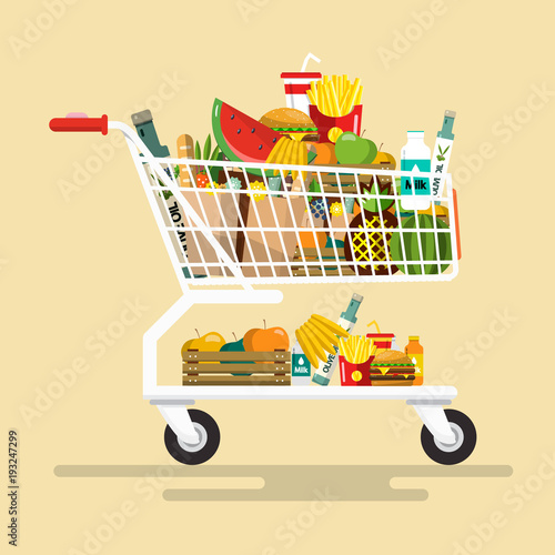 Shopping Cart with Foodstuff. Vector Flat Design Icon.