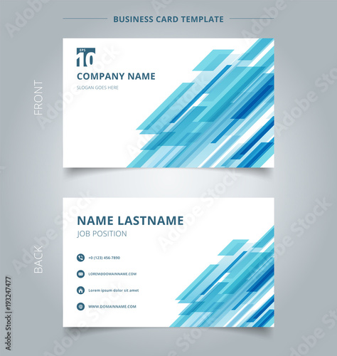 Creative business card and name card template technology diagonally overlapped geometric squares shape blue colour on white background.