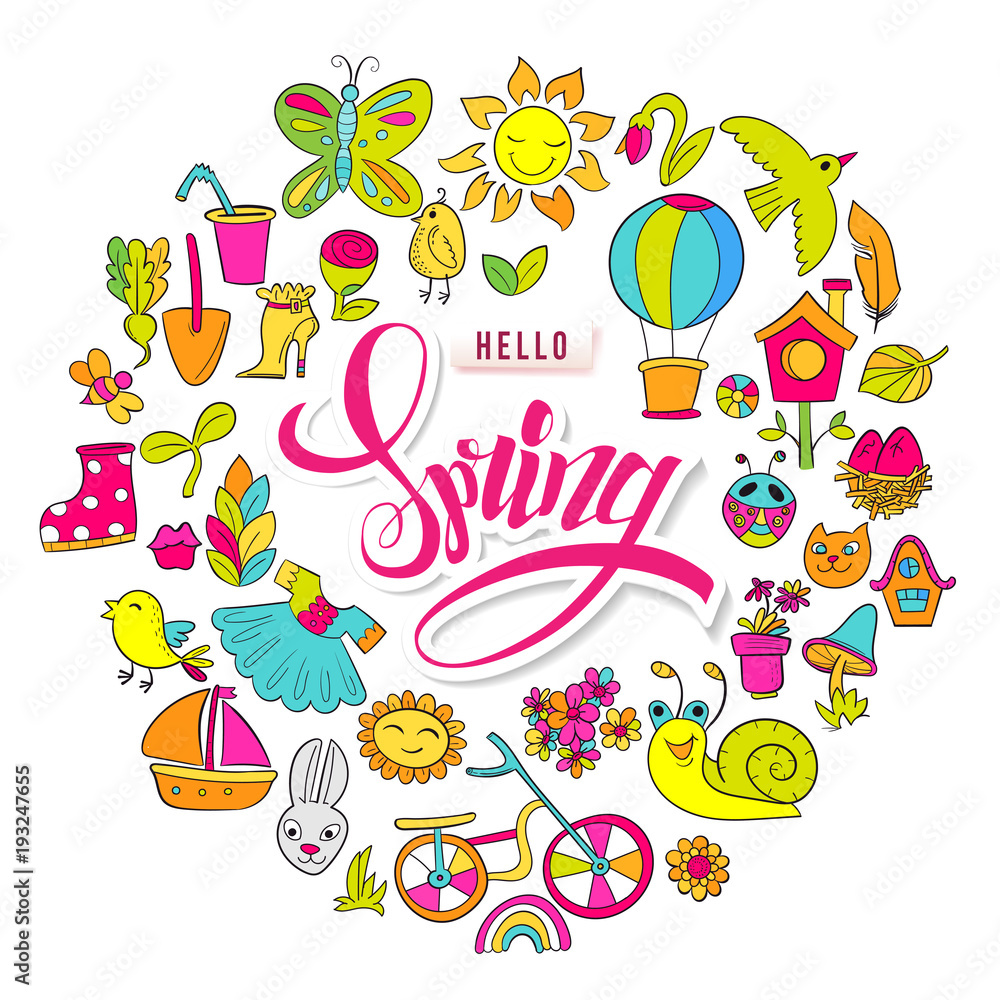 Cartoon hand drawn Doodle Hello Spring frame. For banners, posters, flyers, cards, invitations. Vector illustration. Colorful detailed background with season symbols. All objects are separated Cartoon hand drawn Doodle Hello Spring frame. For banners, posters, flyers, cards, invitations. Vector illustration. Colorful detailed background with season symbols. All objects are separated