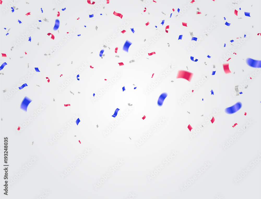 Celebration background template with confetti and ribbons red and blue