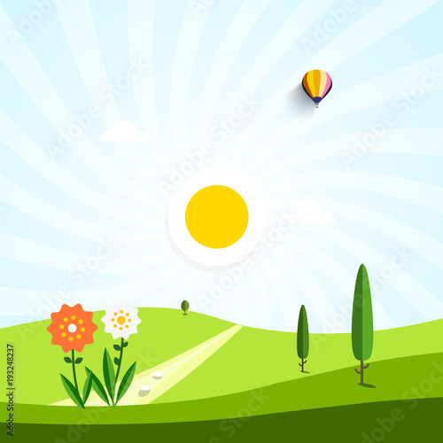 Vector Flat Design Landscape. Field with Flowers and Path. Empty Park.