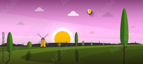 Beautiful Sunset Landscape. Vector Sunrise Abstract Rural Scene with Field, Windmill and Trees.