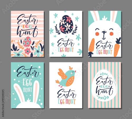 easter egg hunt invitation. Set of 6 postcard templates.