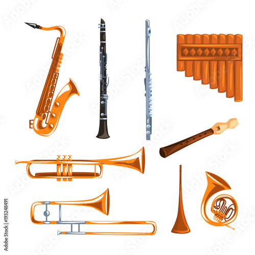 Musical wind instruments set, saxophone, clarinet, trumpet, trombone, tuba, pan flute vector Illustrations i on a white background