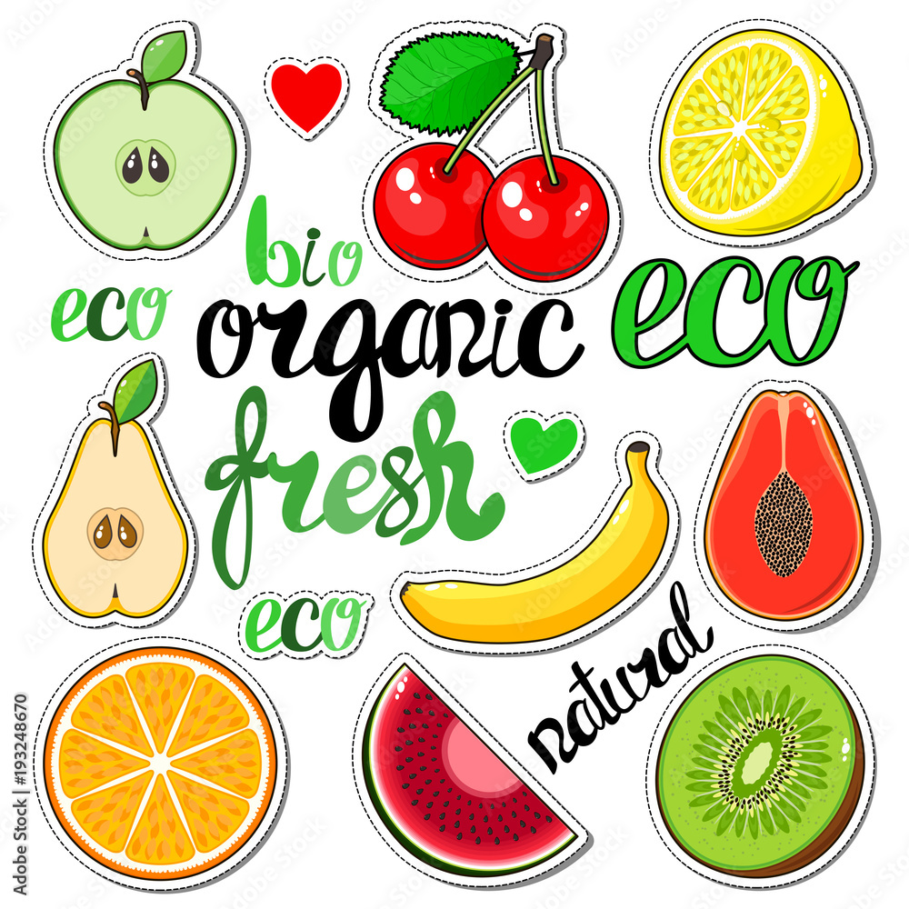 Set fruit stickers: apple, cherry, lemon, pear, banana, mango, orange, watermelon, kiwi. Labels lettering: bio, eco, organic, fresh, natural. Vector. Set fruit stickers: apple, cherry, lemon, pear, banana, mango, orange, watermelon, kiwi. Labels lettering: bio, eco, organic, fresh, natural. Vector.