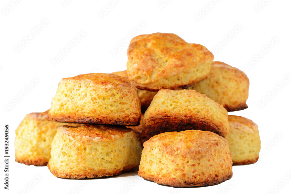 pile of homemade English cheese buns scones on white background pile of homemade English cheese buns scones on white background