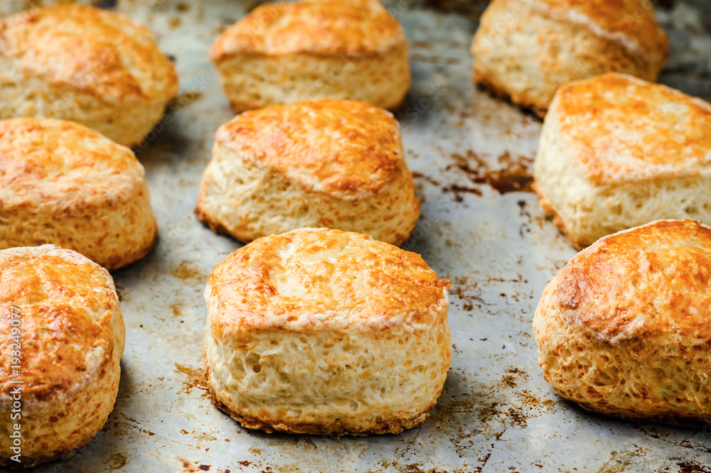 homemade English cheese rolls on baking sheet.