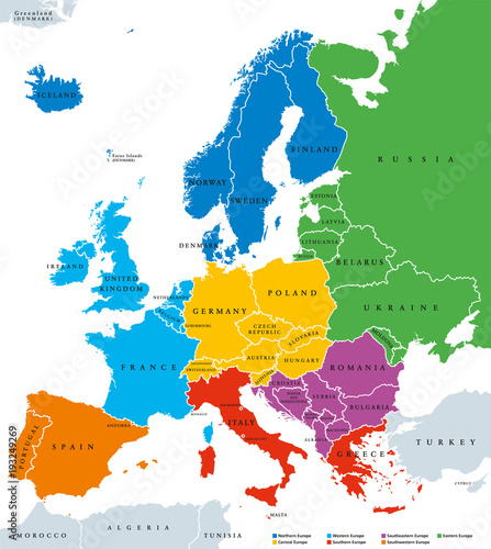 Regions of Europe, political map, with single countries and English labeling. Northern, Western, Southeastern, Eastern, Central, Southern, Southwestern Europe in different colors. Illustration. Vector