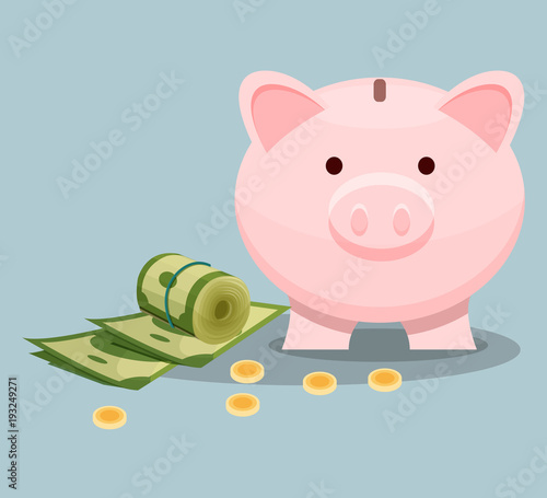 Dollar bills, golden coins and pink piggy bank. Concept of saving money. Financial theme. Flat vector element for advertising banking poster or mobile app