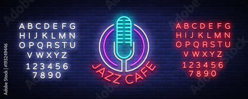 Jazz cafe is a neon sign. Symbol, neon-style logo, bright night banner, luminous advertising on Jazz music for Jazz cafe, restaurant, bar, party, concert. Vector illustration. Editing text neon sign