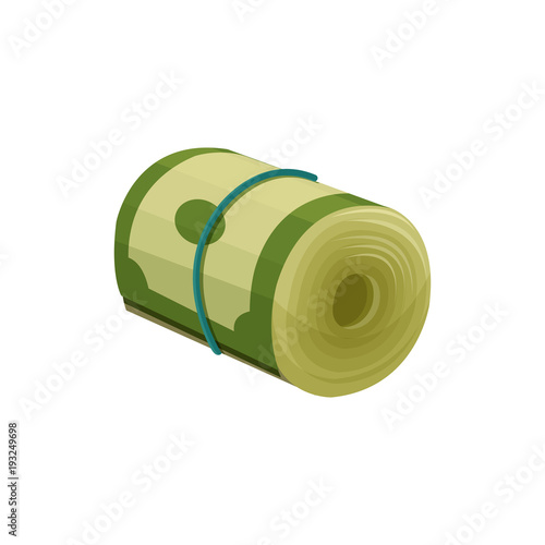 Green dollar banknotes rolled up and tied with blue rubber band. American currency. Paper money. Finance or economy concept. Flat vector icon