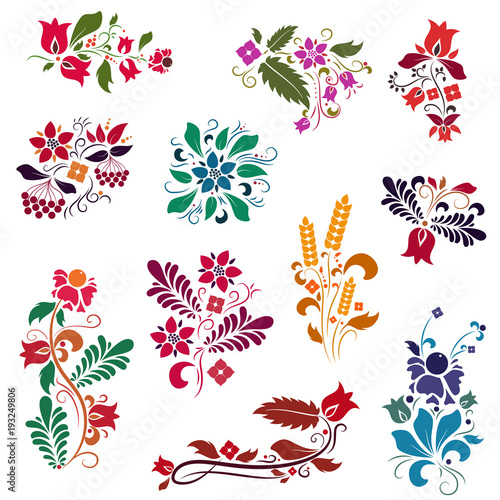 Set of vector floral decorative ukrainian ornaments element. Petrykivka style painting. Ethnic traditional design.