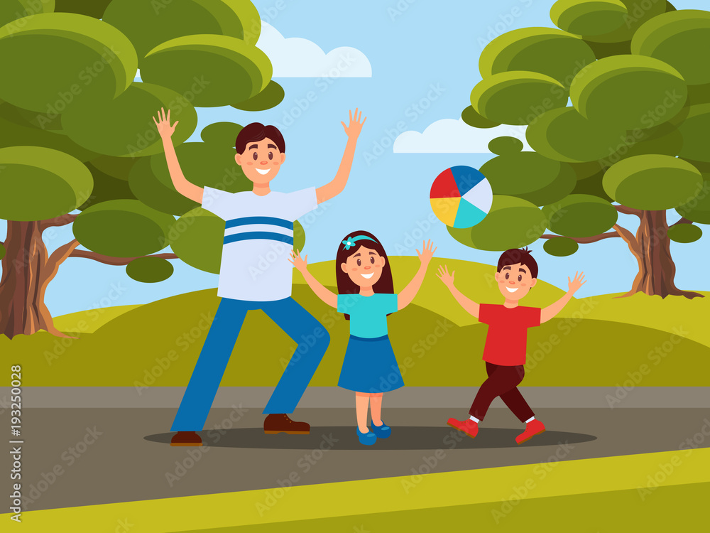 Father with his kids playing in ball. Family recreation in park. Fatherhood concept. Outdoor activity. Blue sky, big green trees and meadow on background. Flat vector design