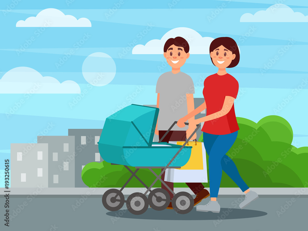 Young happy family walking by park after shopping. Mother pushing carriage with baby, father carrying packages. City buildings on background. Colorful flat vector design