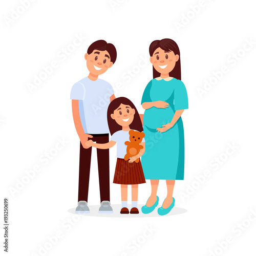 Portrait of young happy family father, mother and daughter. Pregnant woman. Cartoon people expecting baby born. Little girl holding teddy bear in hand. Flat vector design
