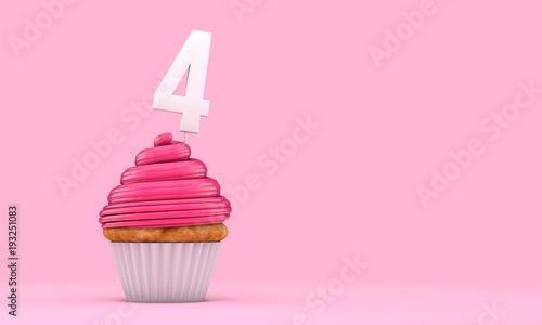 Canvas Print Number 4 pink birthday celebration cupcake. 3D Rendering