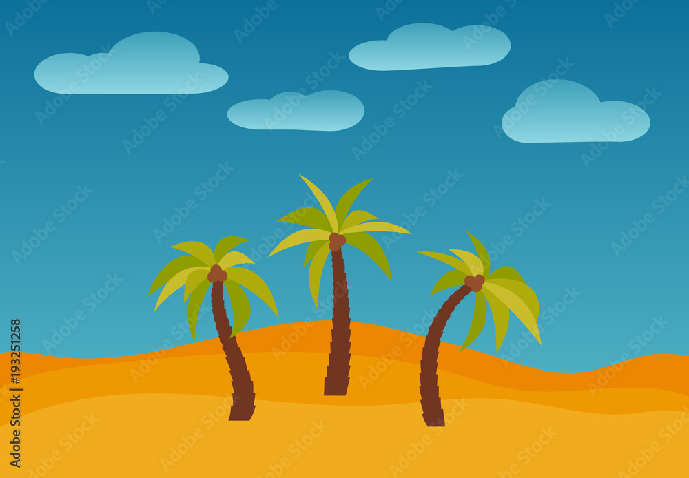 Cartoon nature landscape with three palms in the desert. Vector illustration.
