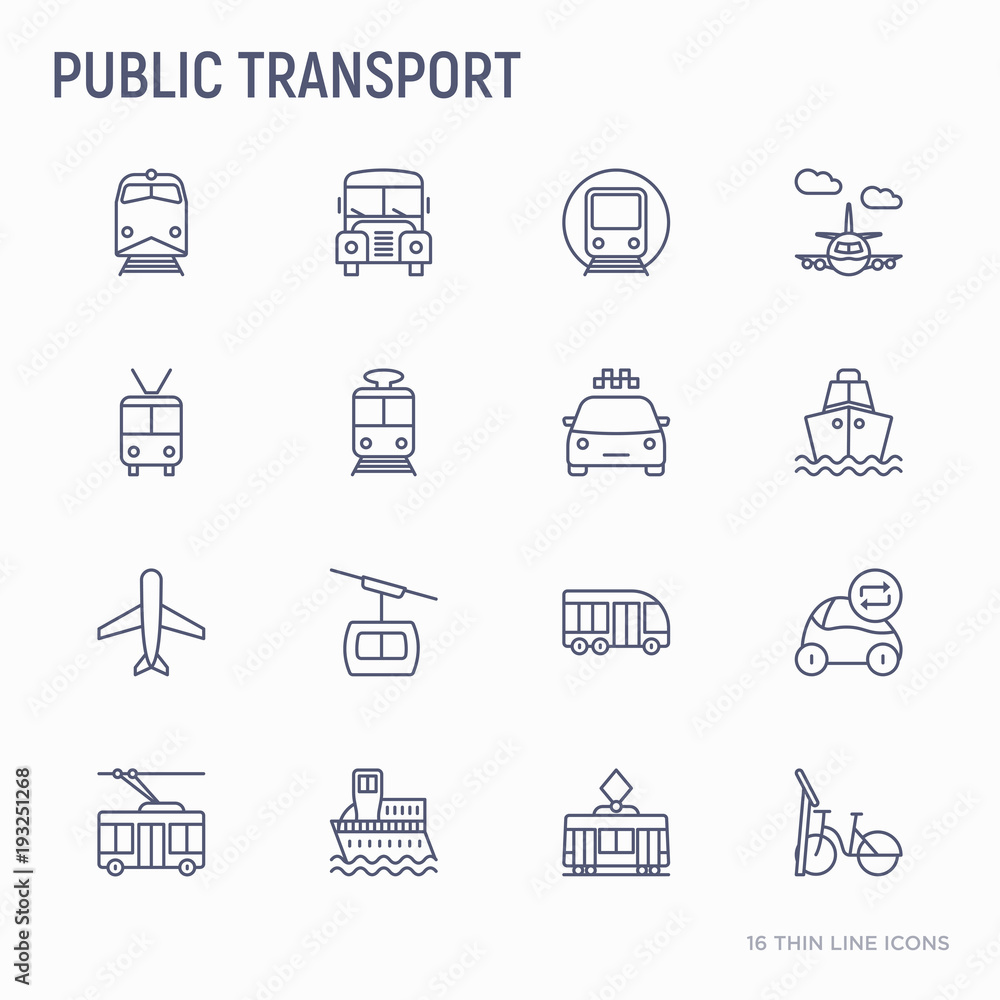 Public transport thin line icons set: train, bus, taxi, ship, ferry, trolleybus, tram, car sharing. Front and side view. Modern vector illustration.