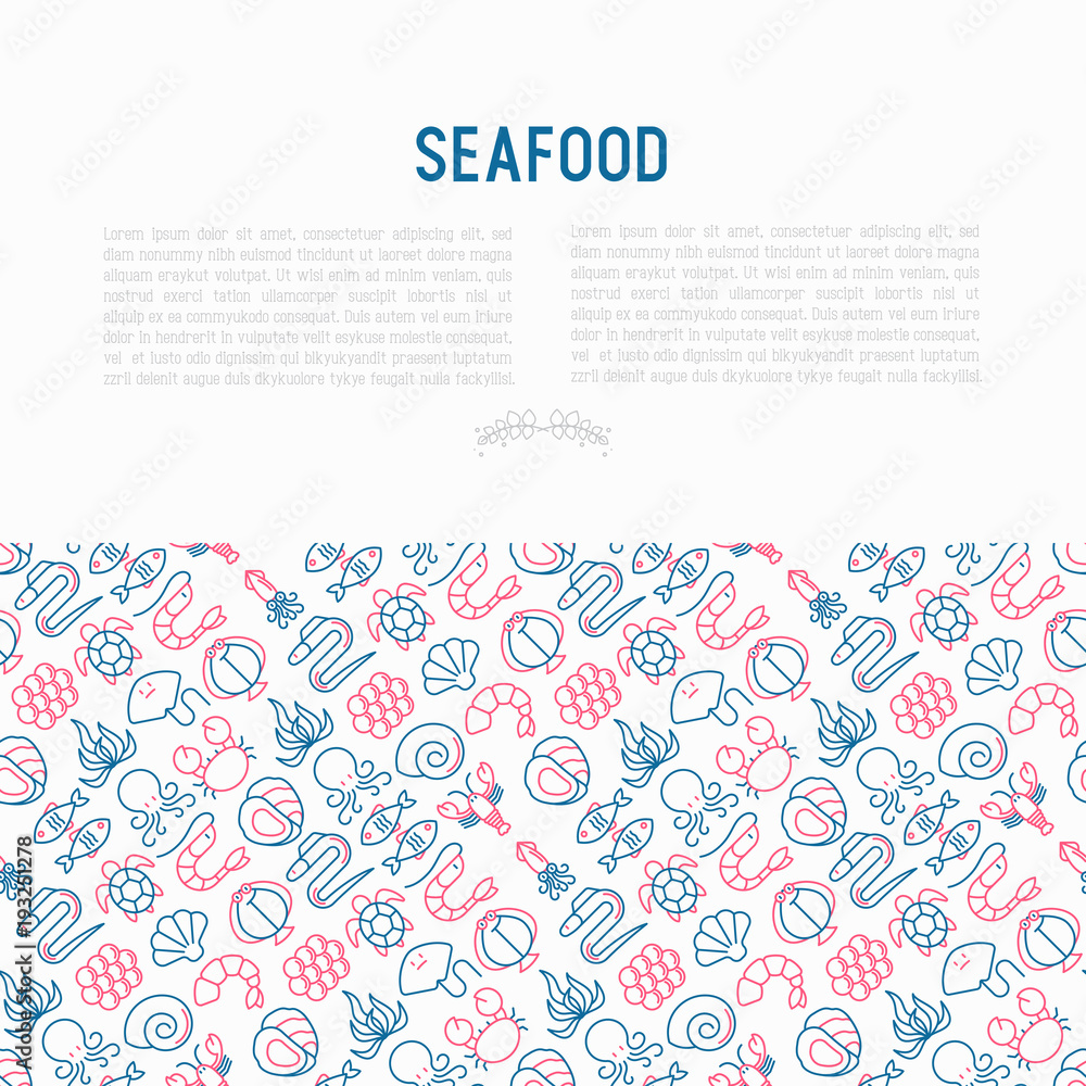 Seafood concept with thin line icons: lobster, fish, shrimp, octopus, oyster, eel, seaweed, crab, ramp, turtle. Modern vector illustration for restaurant menu. Seafood concept with thin line icons: lobster, fish, shrimp, octopus, oyster, eel, seaweed, crab, ramp, turtle. Modern vector illustration for restaurant menu.