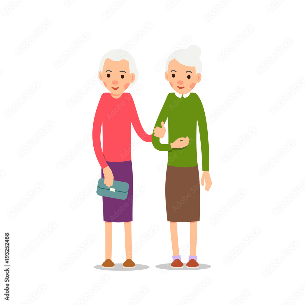 Old woman. Two senior, elder women stand with drooping hands, cartoon illustration isolated on white background in flat style. Full length portrait of old ladies, senior or grandmother
