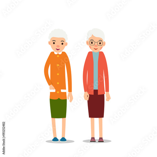 Old woman. Two senior, elder women stand with drooping hands, cartoon illustration isolated on white background in flat style. Full length portrait of old ladies, senior or grandmother