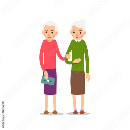 Old woman. Two senior, elder women stand with drooping hands, cartoon illustration isolated on white background in flat style. Full length portrait of old ladies, senior or grandmother