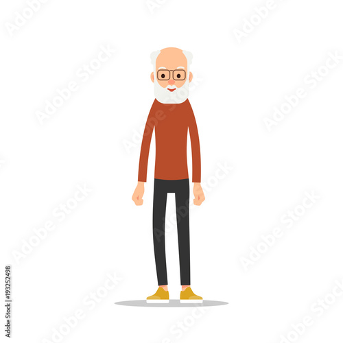 Old man with beard. Elderly man with a neatly disgraceed beard stands with his hands drooping. Illustration in flat style. Isolated