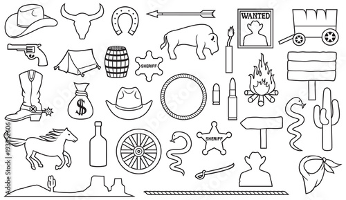 Wild West a thin line icons set