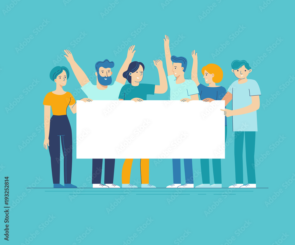 Vector illustration in flat line style - team of happy people holding white placard with copy space for text - announcement banner - obrazy, fototapety, plakaty 