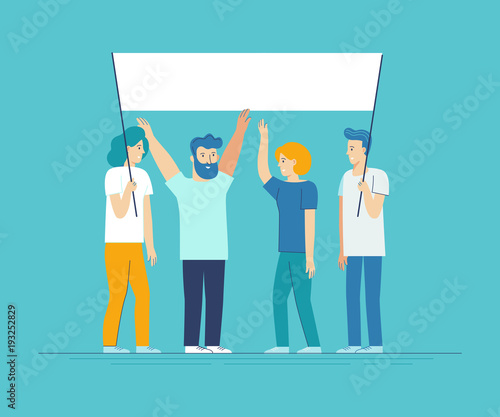 Vector illustration in flat line style - team of happy people holding white placard with copy space for text - announcement banner