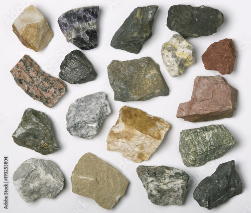 Minerals collection set. Iron ore, bauxite, sandstone, apatite, quartz, phosphorite, magnesite, gypsum, agate, asbestos, marble, corundum and other minerals.
