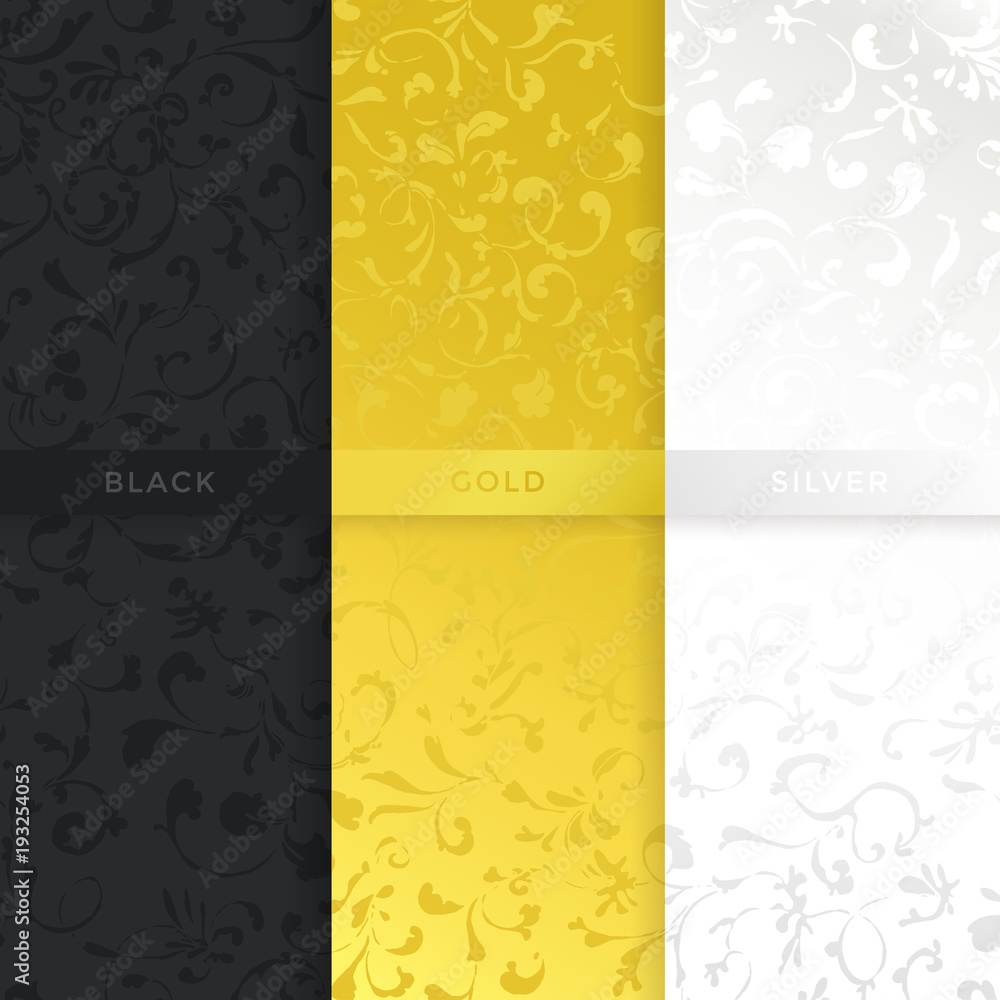 Vintage seamless pattern in three different variations: dark, gold and silver