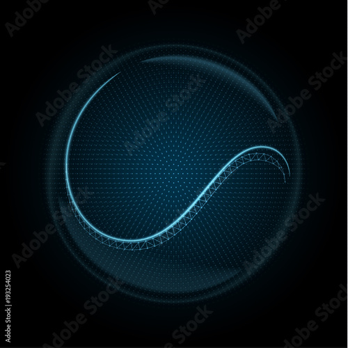 Vector image of a tennis ball made of glowing lines, points and polygons