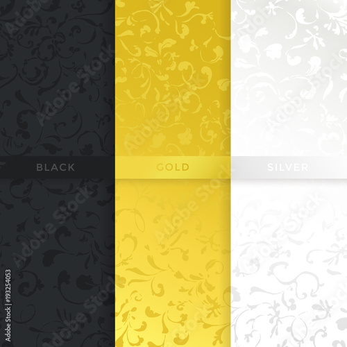 Vintage seamless pattern in three different variations: dark, gold and silver