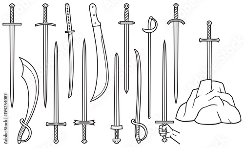 thine line swords icons set (saber, machete, katana, excalibur in the stone)