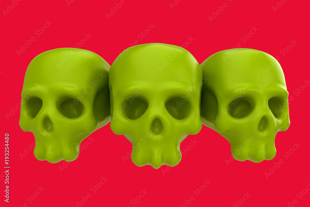 Cartoon funny three skull. Stylish cute colorful children illustration isolated on simple background. Template for design project. Realistic 3d render. Cartoon funny three skull. Stylish cute colorful children illustration isolated on simple background. Template for design project. Realistic 3d render.