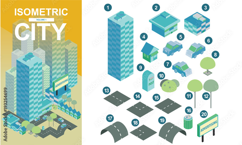Flat isometric city blocks with roads and crossroads vector illustration volume1