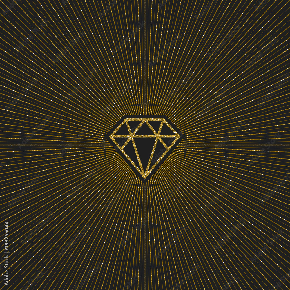 Glitter gold shining diamond with sunburst. Vector illustration.