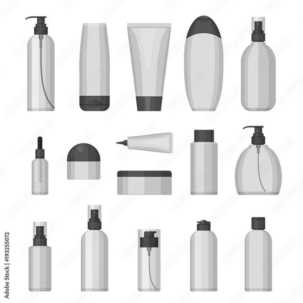 Set of vector cosmetic bottles for beauty and cleanser, skin and body care, toiletres. Flat design on a white background. Cream, tooth paste, shampoo, gel, spray, tube and soap Set of vector cosmetic bottles for beauty and cleanser, skin and body care, toiletres. Flat design on a white background. Cream, tooth paste, shampoo, gel, spray, tube and soap