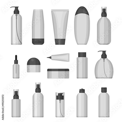 Set of vector cosmetic bottles for beauty and cleanser, skin and body care, toiletres. Flat design on a white background. Cream, tooth paste, shampoo, gel, spray, tube and soap
