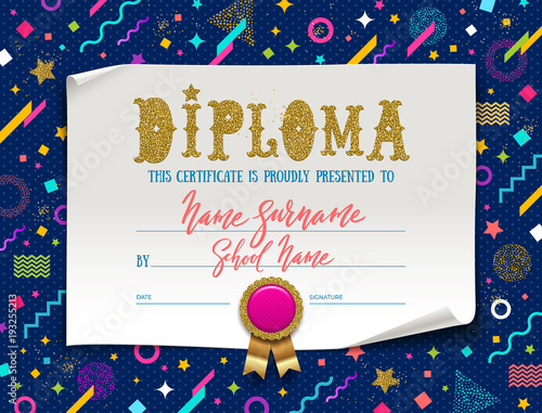 Vector template of kids diploma for kindergarten, school, preschool or playschool. Certificate type design on a abstract shape colorful background.