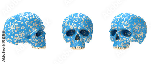 Realistic colorful human skull with golden ornament isolated on white background. Modern fashion 3d illustration. Creative design concept for print, cover, banner poster.